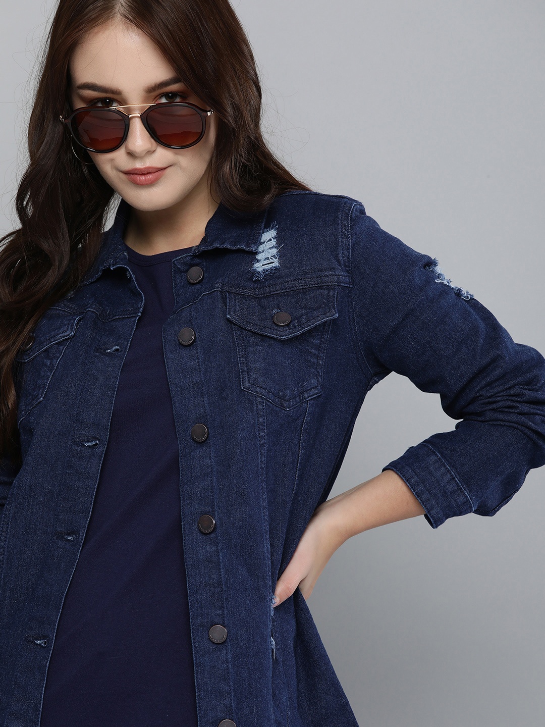 

HERE&NOW Women Navy Blue Solid Denim Jacket With Ripped Detail