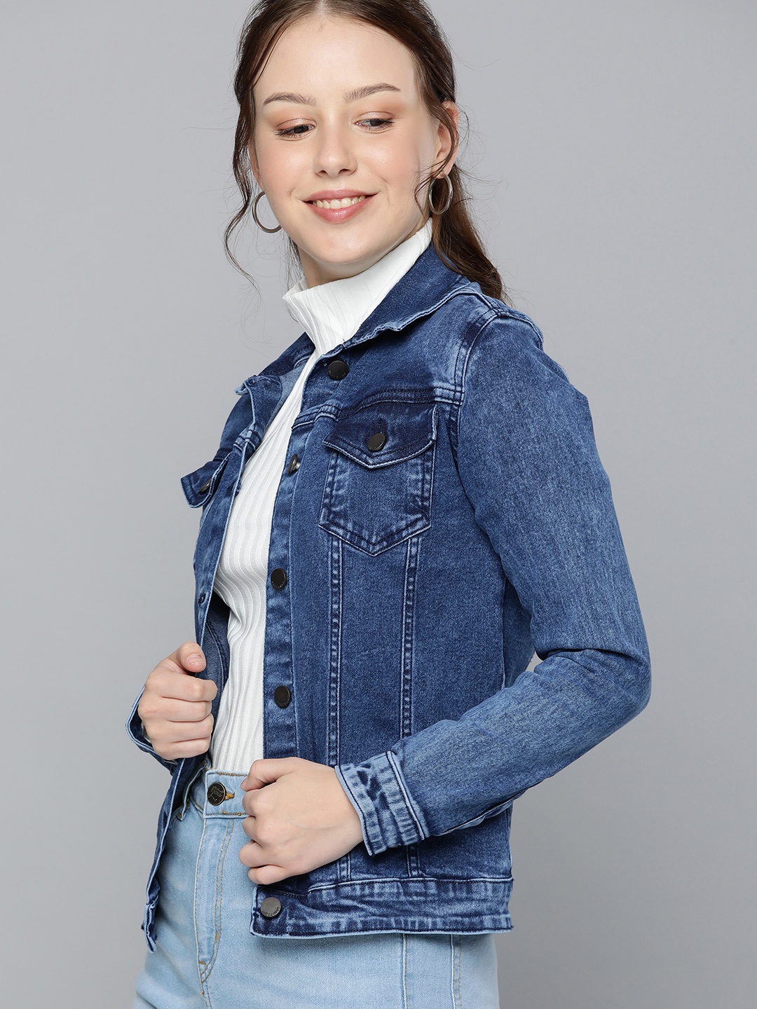 

HERE&NOW Women Blue Solid Denim Jacket