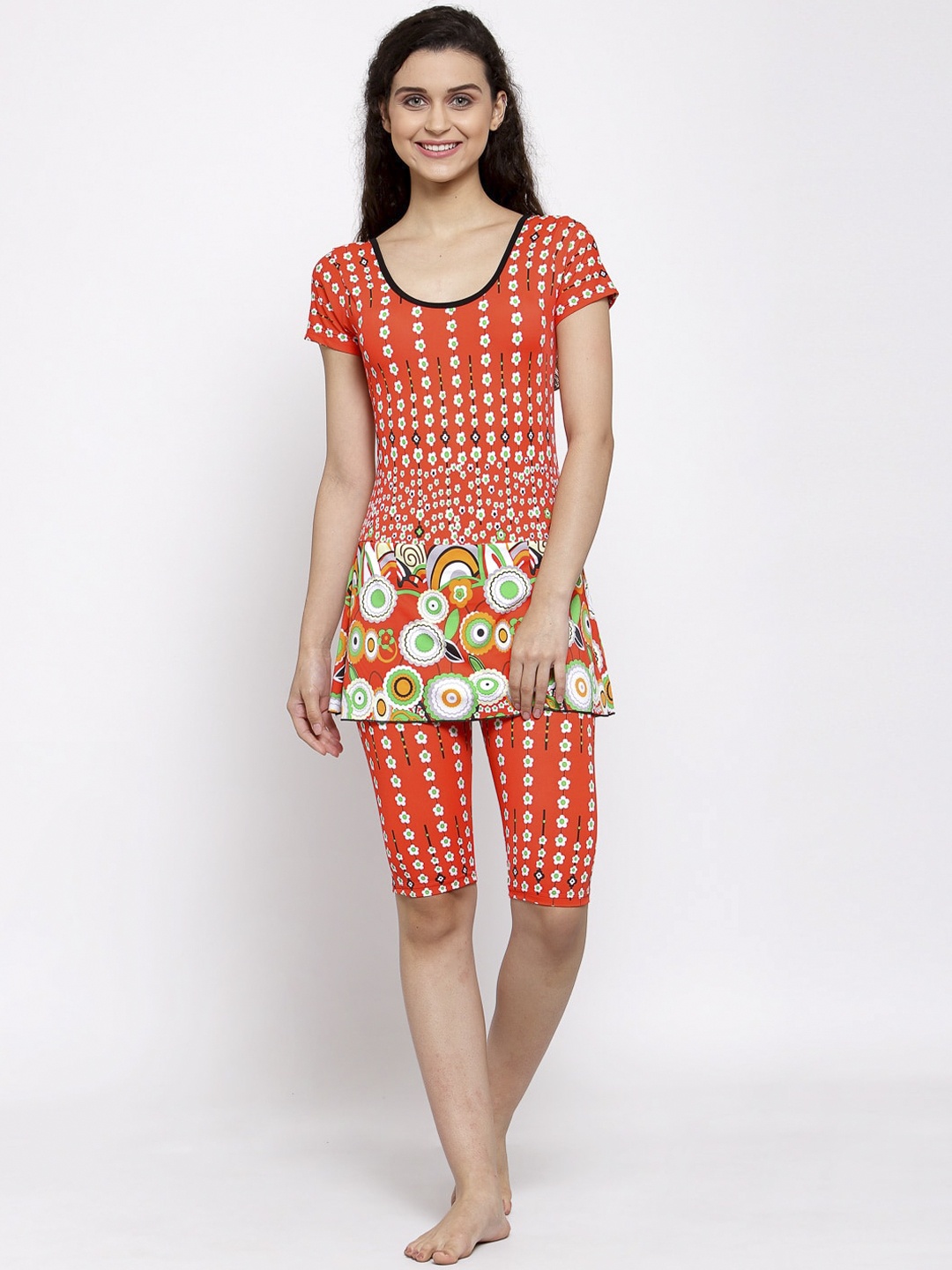 

CUKOO Women Orange & White Floral Print Comfort-Fit Swimming Dress With Attached Shorts