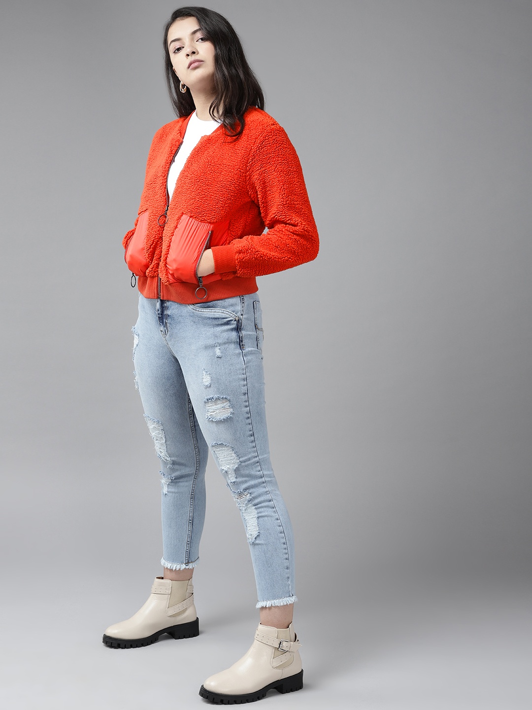 

UTH by Roadster Girls Orange Solid Sherpa Bomber Jacket