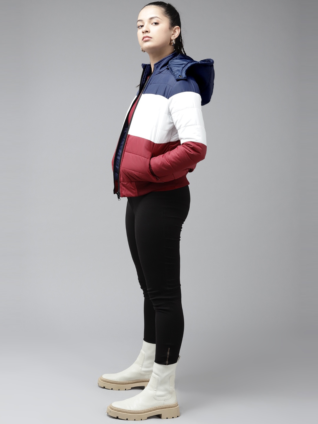 

UTH by Roadster Girls Maroon & White Colourblocked Bomber Jacket with Detachable Hood