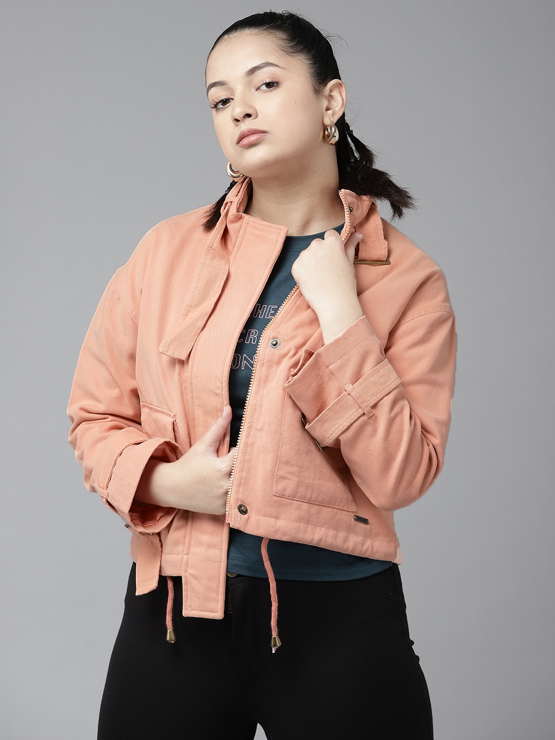 

UTH by Roadster Girls Peach-Coloured Solid Pure Cotton Tailored Jacket