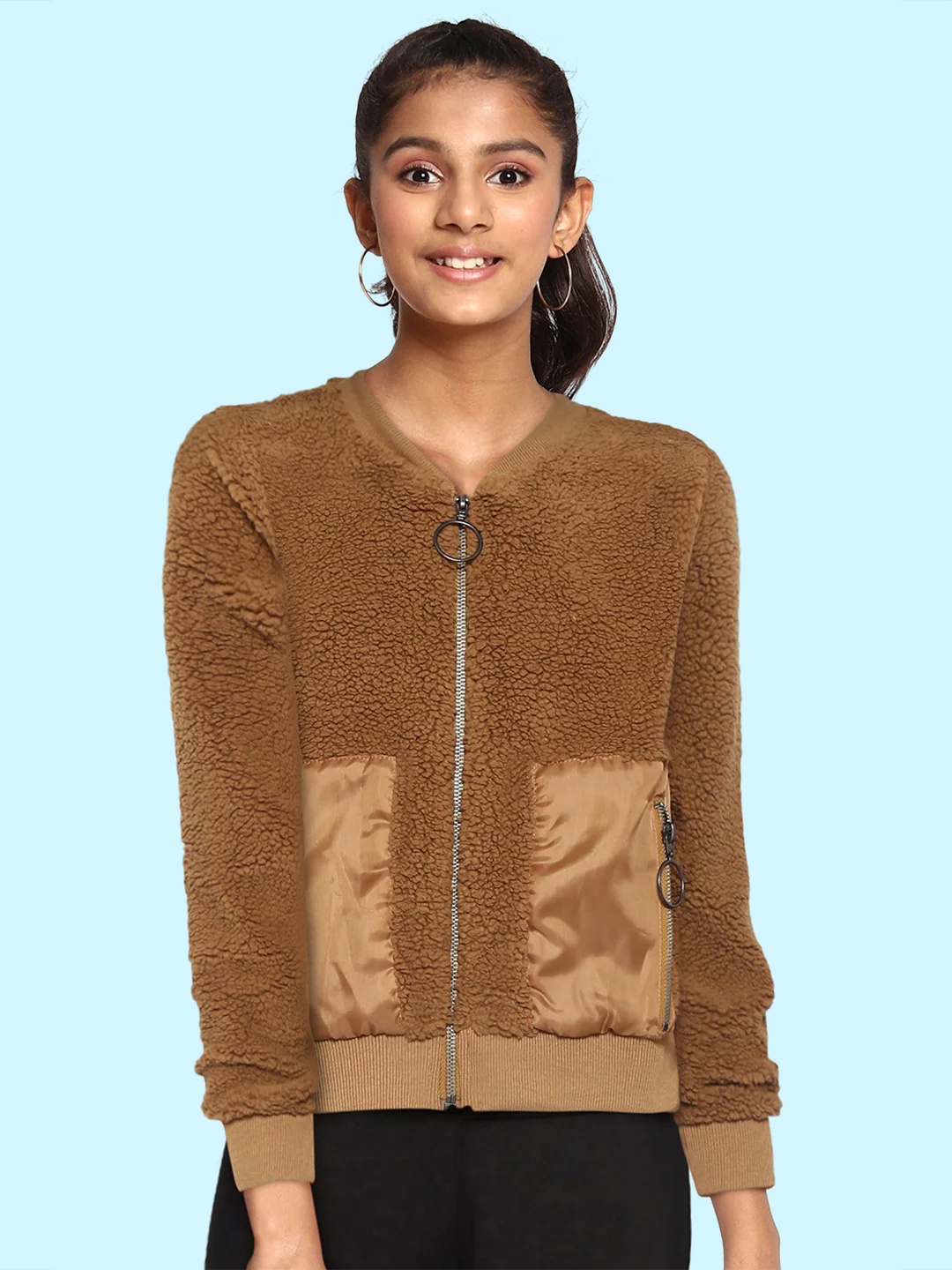 

UTH by Roadster Girls Brown Solid Sherpa Bomber Jacket