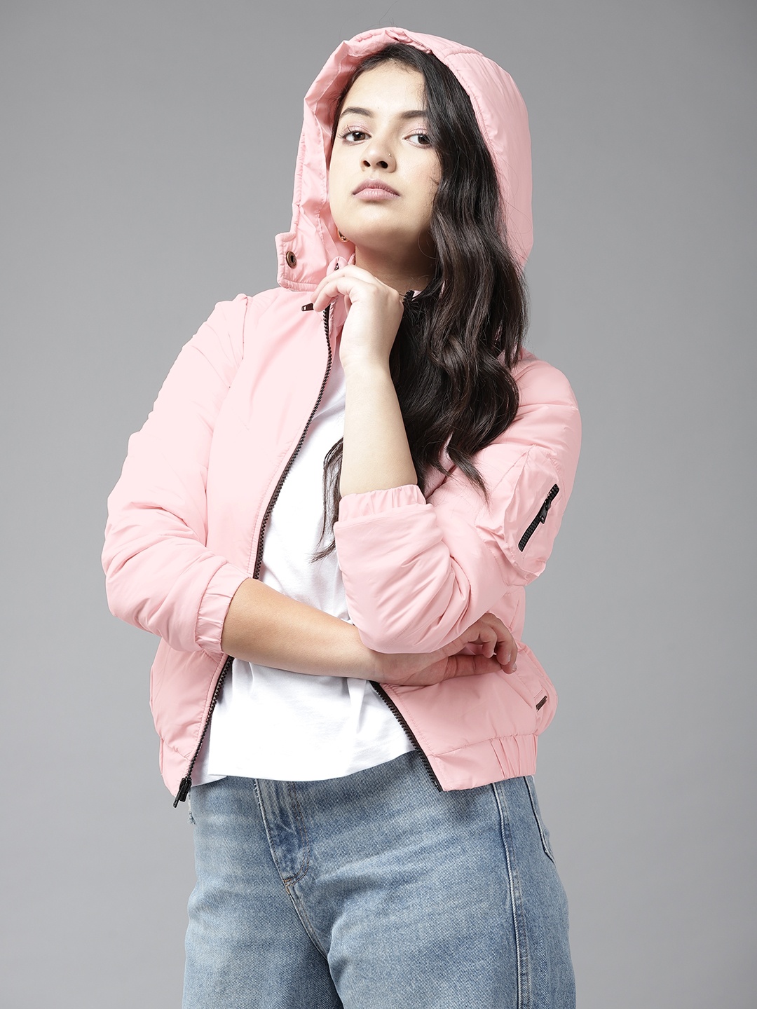 

UTH by Roadster Girls Pink Solid Padded Jacket with Detachable Hood