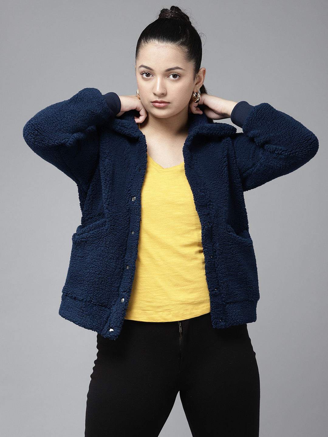 

UTH by Roadster Girls Navy Blue Solid Sherpa Tailored Jacket with Oversized Pockets