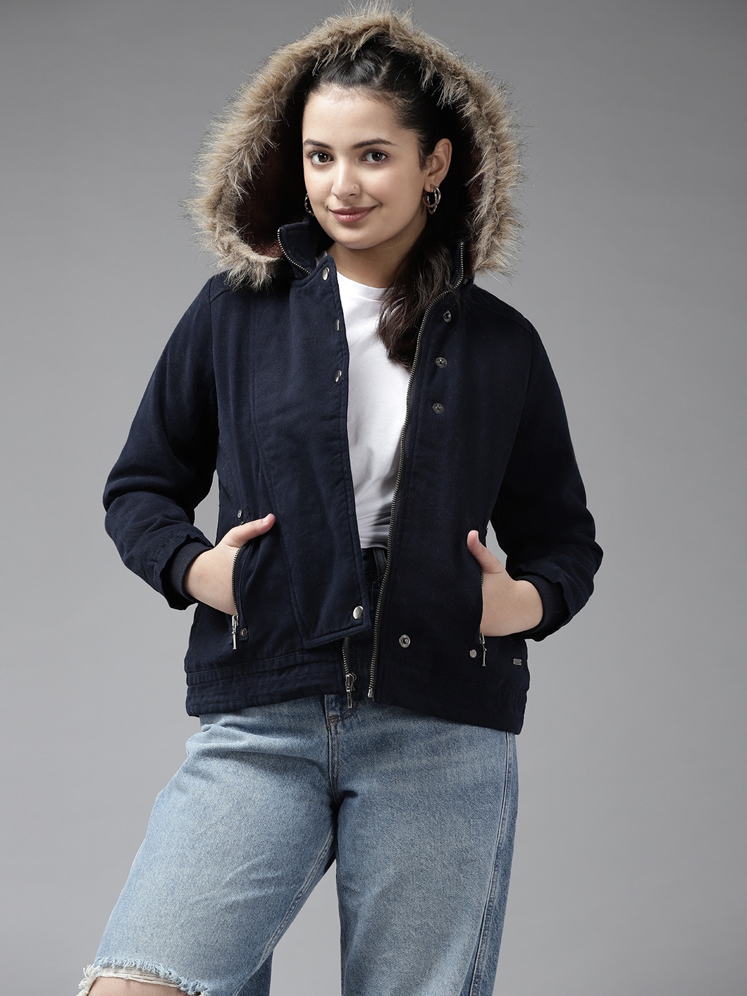 

UTH by Roadster Girls Navy Blue Hooded Parka Jacket