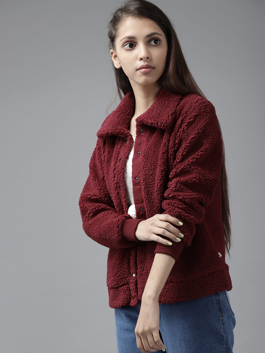 

UTH by Roadster Girls Burgundy Solid Sherpa Jacket