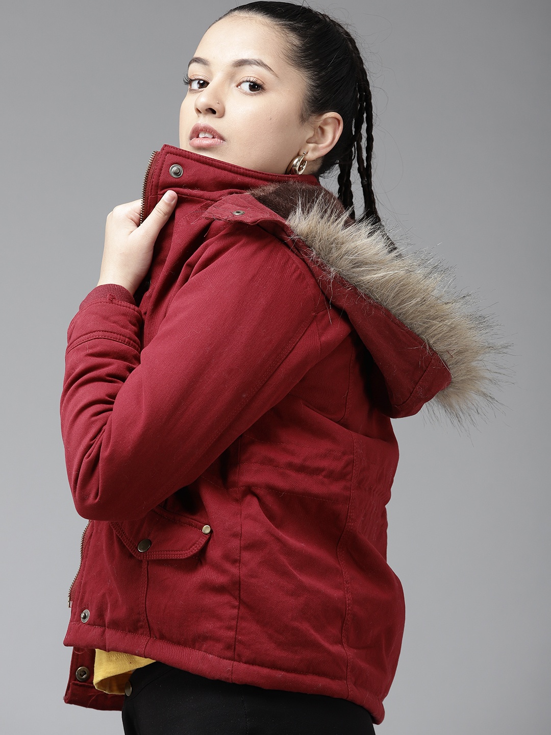 

UTH by Roadster Girls Maroon Solid Detachable Hood Parka Jacket