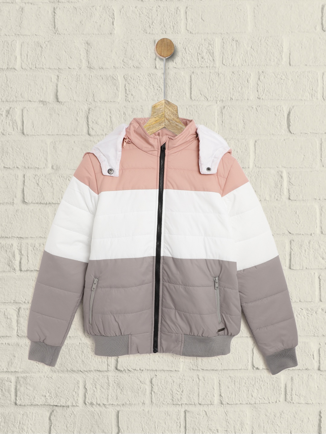 

UTH by Roadster Girls Grey & White Colourblocked Bomber Jacket with Detachable Hood