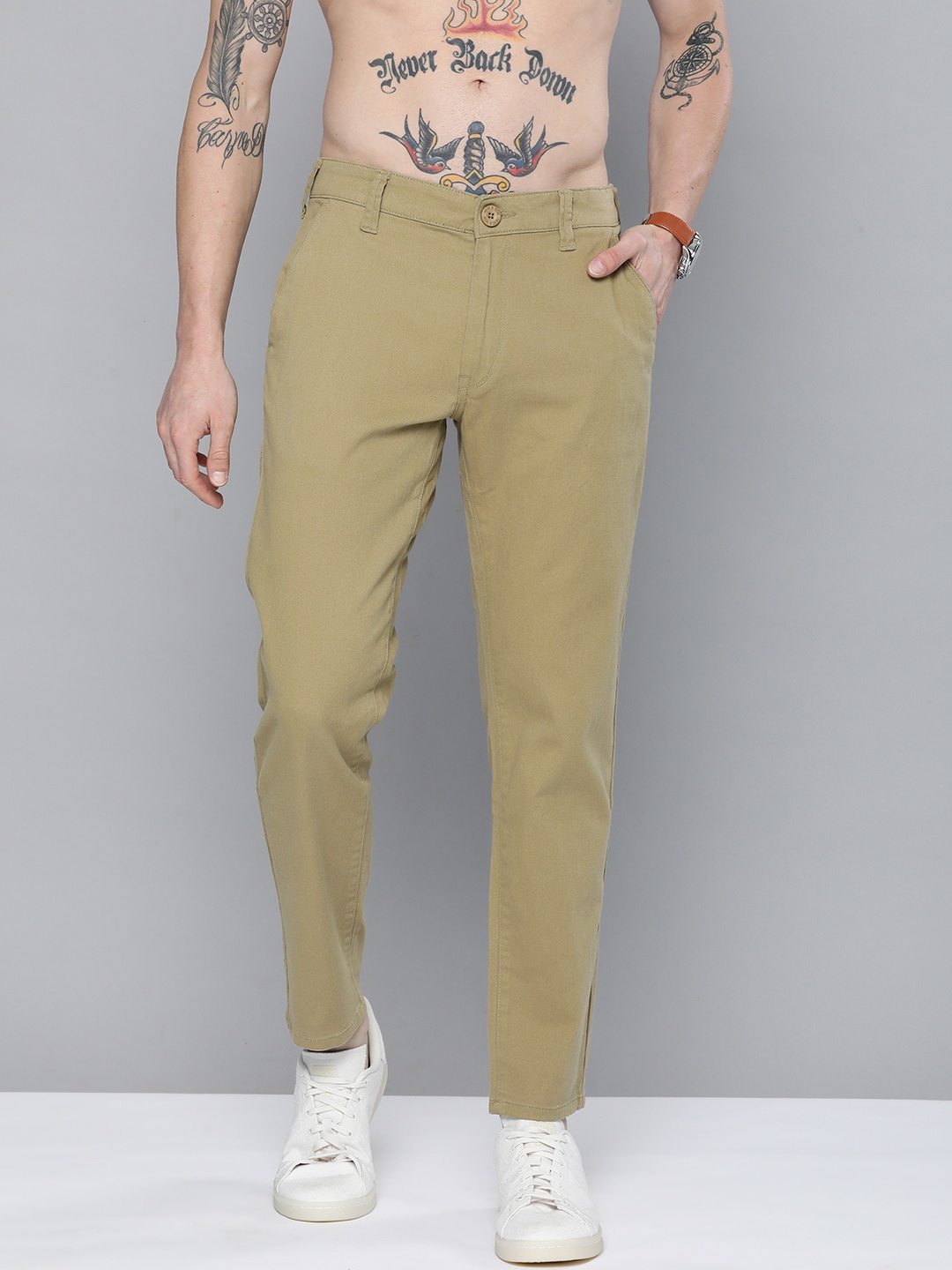 

HERE&NOW Men Olive Green Flat-Front Slim Fit Regular Trousers