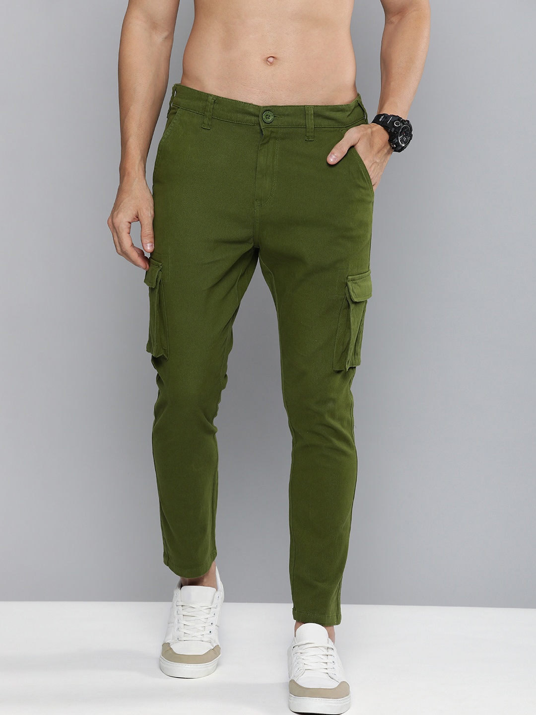 

HERE&NOW Men Olive Green Slim Fit Cargos Trousers