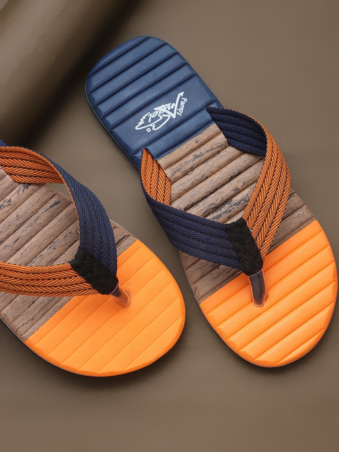 

Pampy Angel Men Orange & Navy Blue Striped Thong Flip-Flops