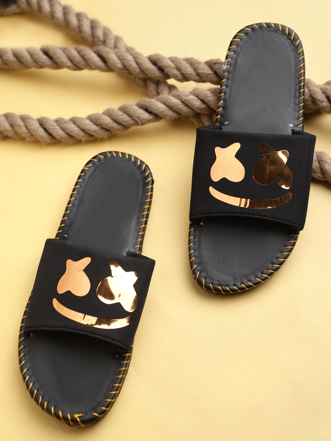 

Pampy Angel Men Black & Gold Printed Sliders