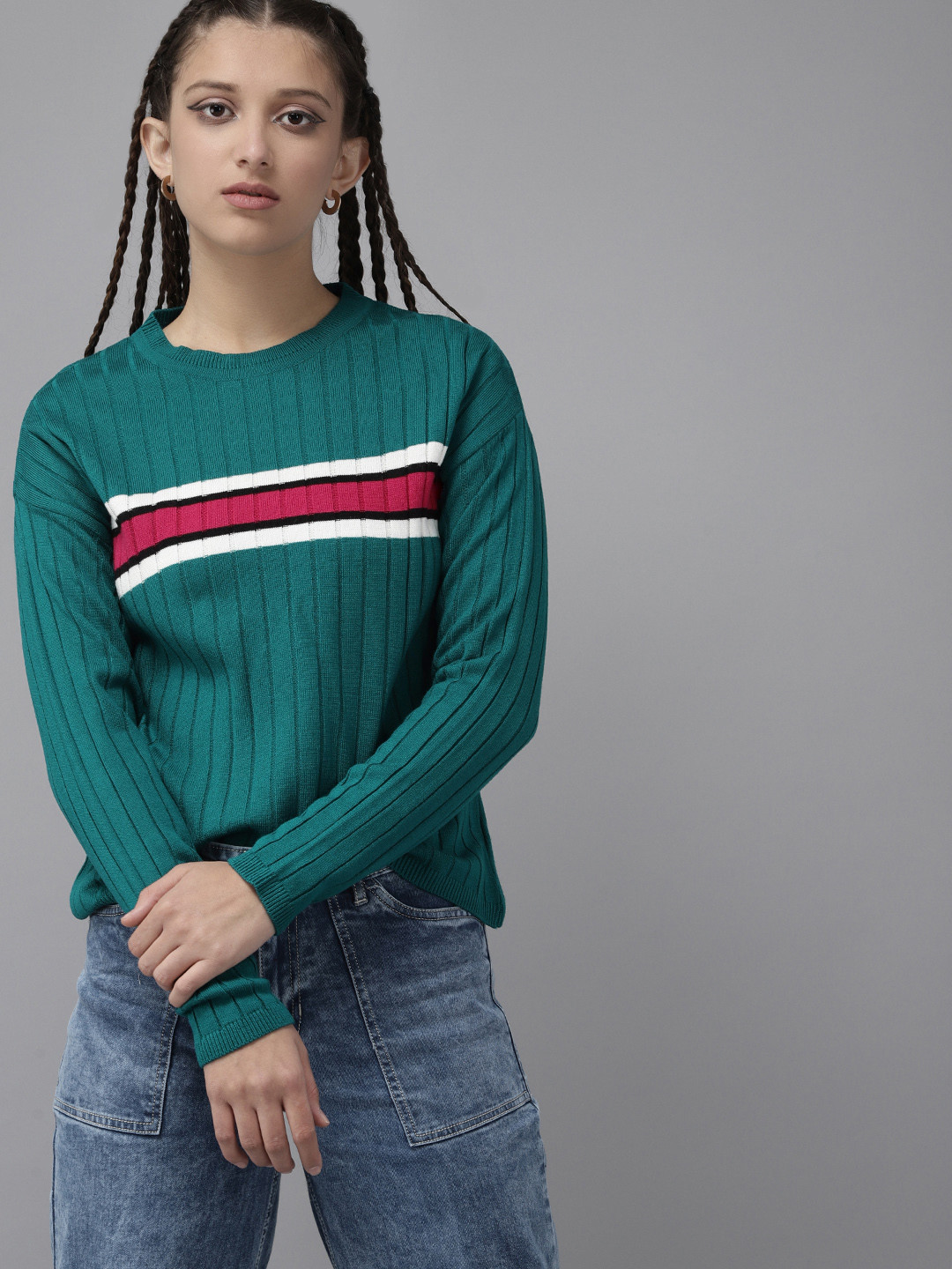 

UTH by Roadster Girls Teal Green & Pink Striped Pullover