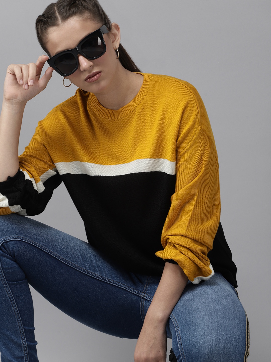 

UTH by Roadster Girls Black & Mustard Yellow Colourblocked Pullover
