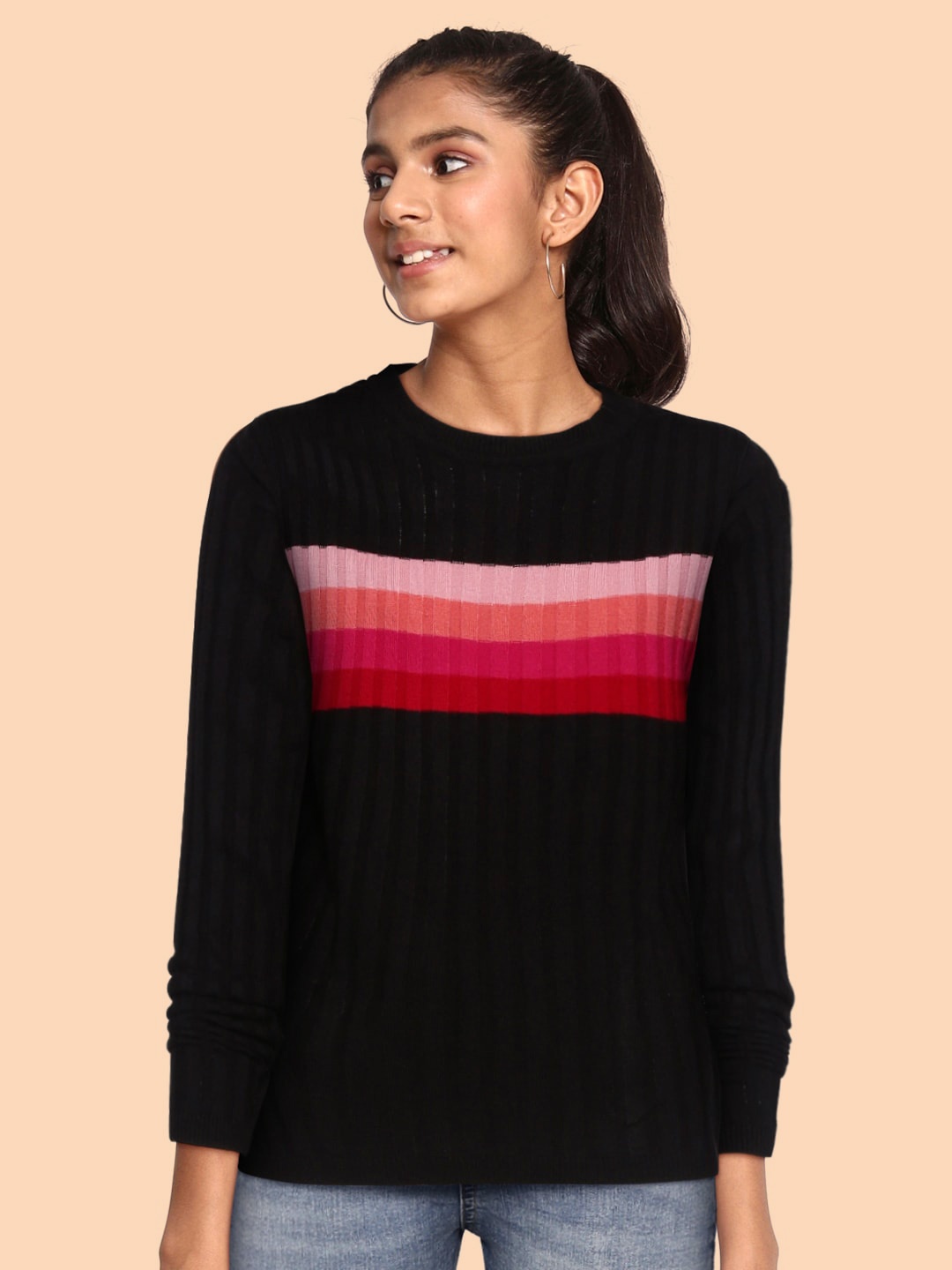 

UTH by Roadster Girls Black & Pink Striped Pullover