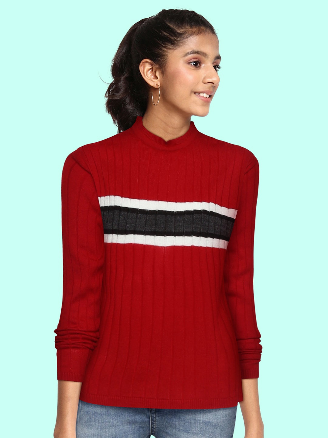 

UTH by Roadster Girls Red & Charcoal Grey Striped Pullover