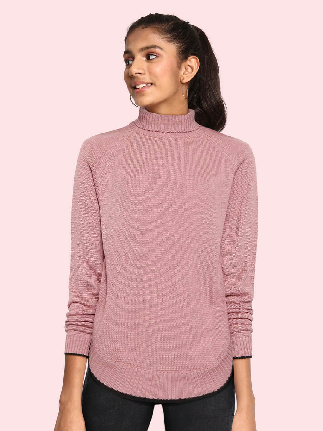 

UTH by Roadster Girls Pink Solid Turtle Neck Pullover