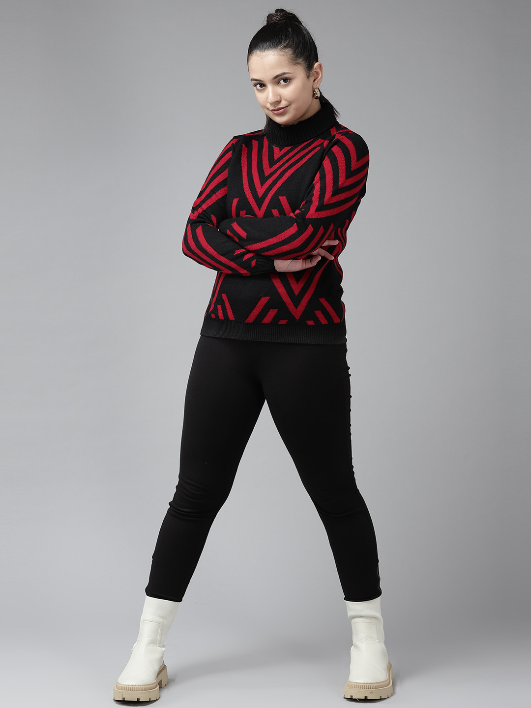 

UTH by Roadster Girls Black & Red Geometric Self-Design Pullover
