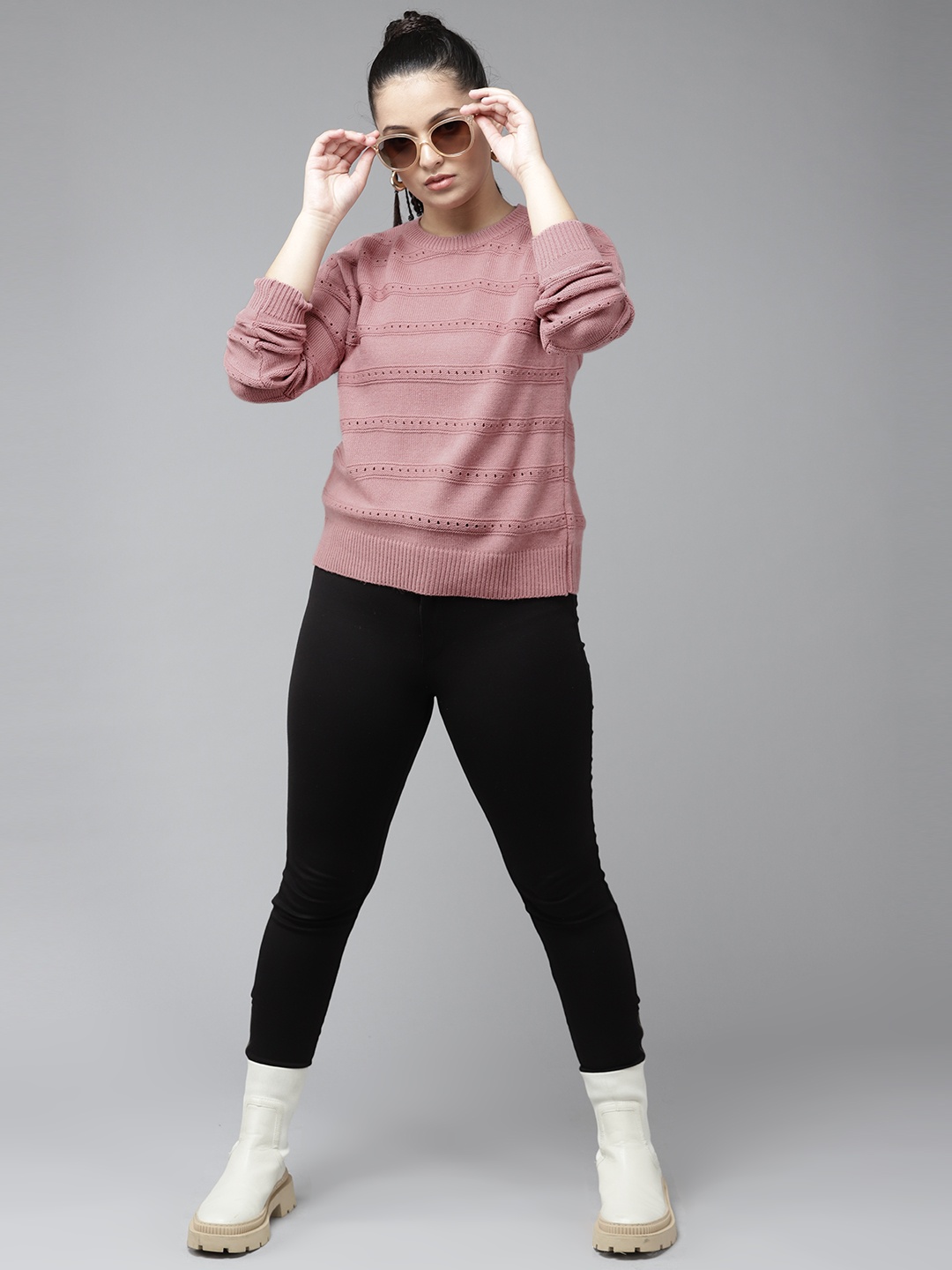 

UTH by Roadster Girls Dusty Pink Self-Striped Open Knit Pullover