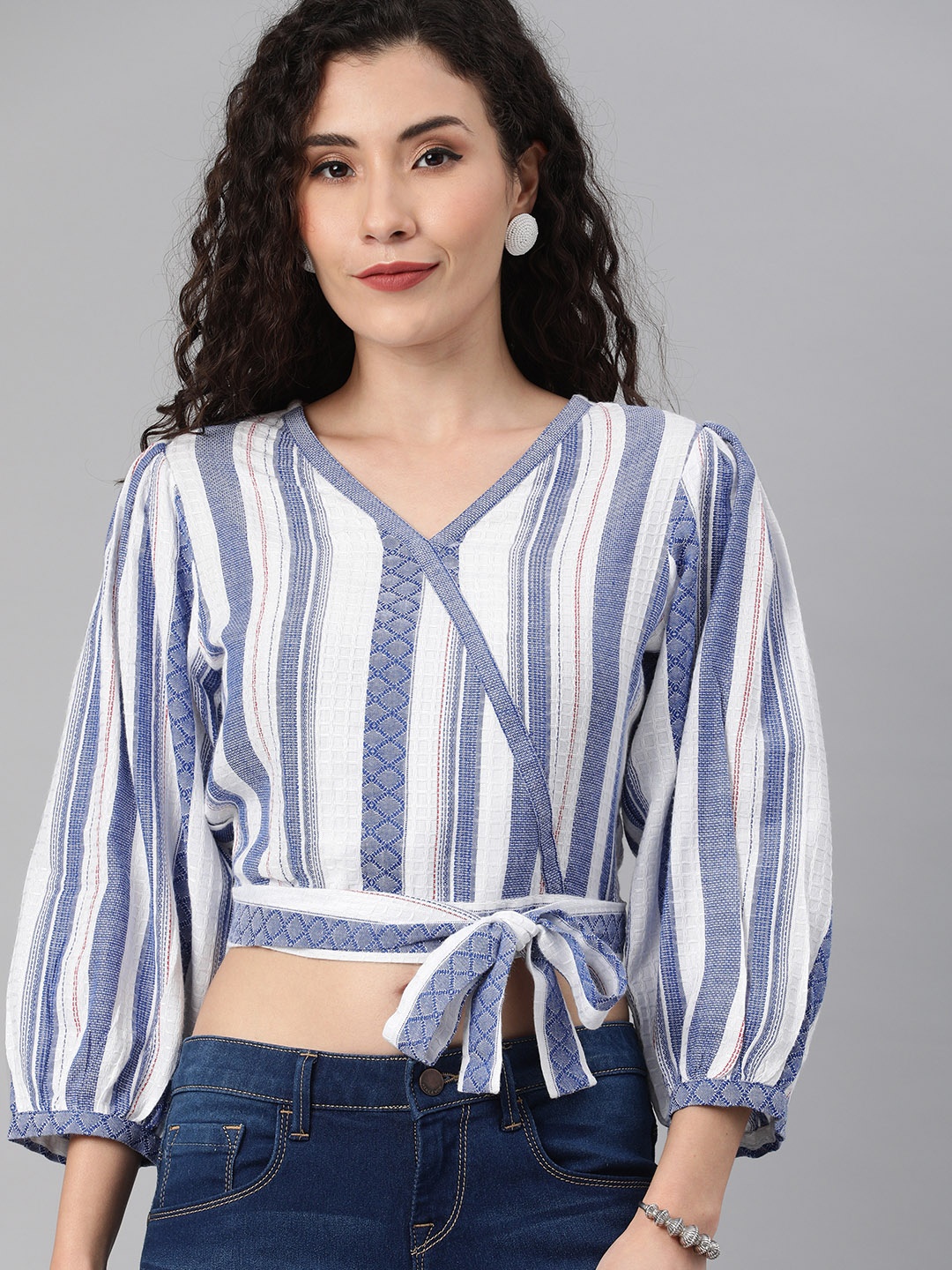 

Global Desi Blue & White Striped Wrap Crop Top