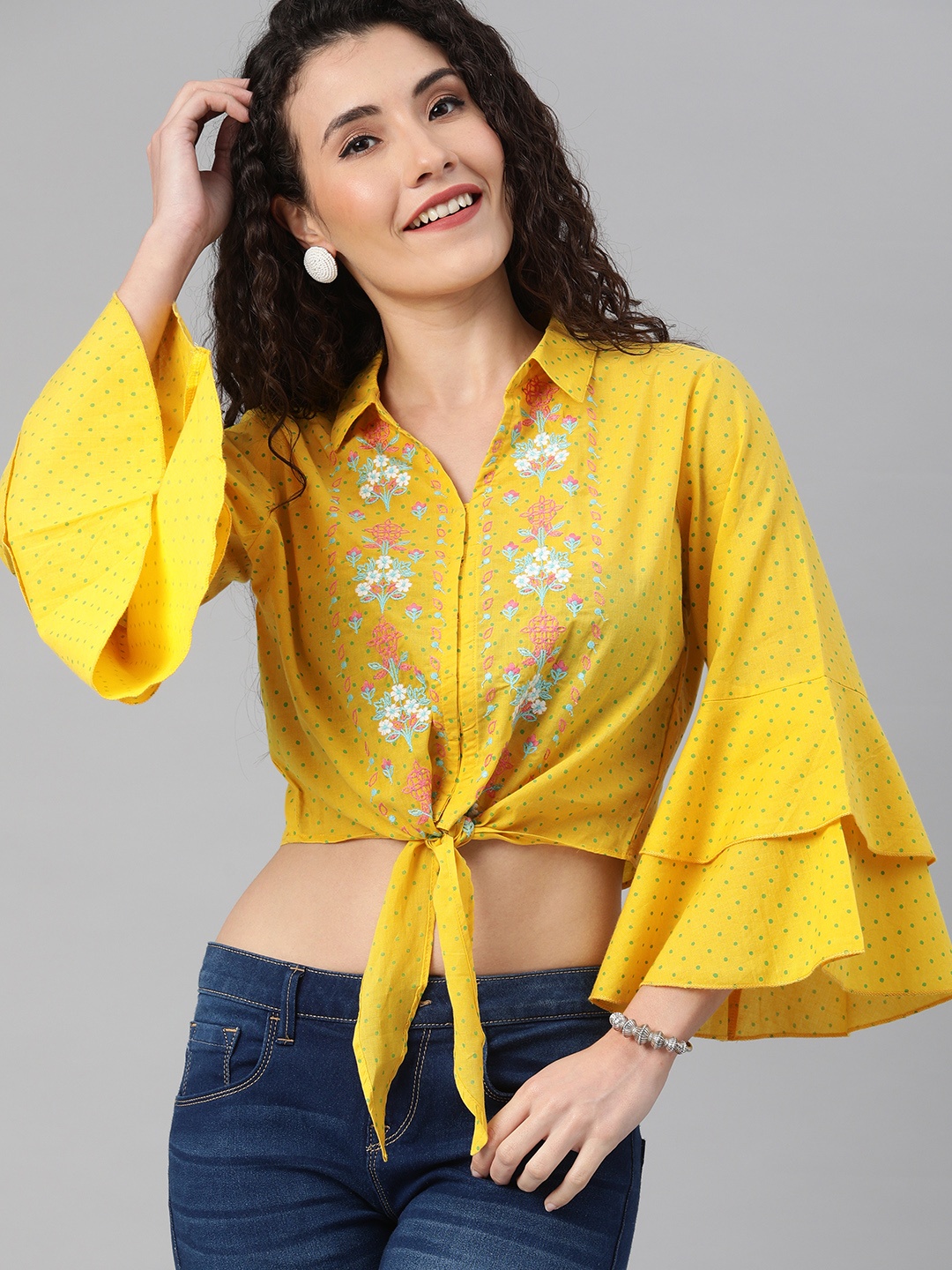 

Global Desi Yellow & Green Cotton Printed Crop Shirt Style Top