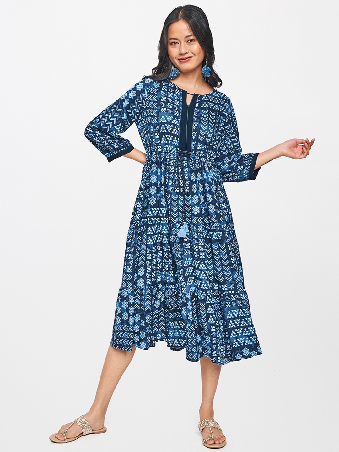 

Global Desi Blue & White Ethnic Motifs A-Line Midi Dress With Tie- Up