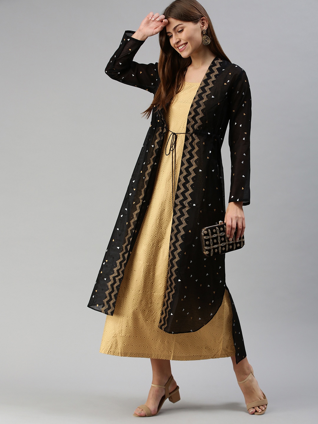 

Global Desi Black & Golden Layered Ethnic A-Line Maxi Dress