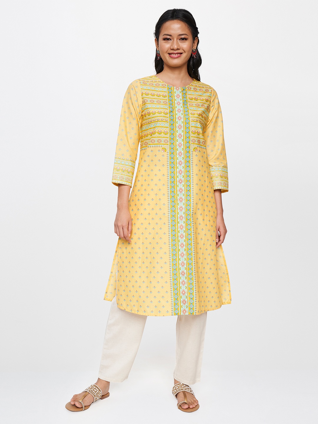 

Global Desi Women Yellow & Pink Ethnic Motifs Printed Kurta