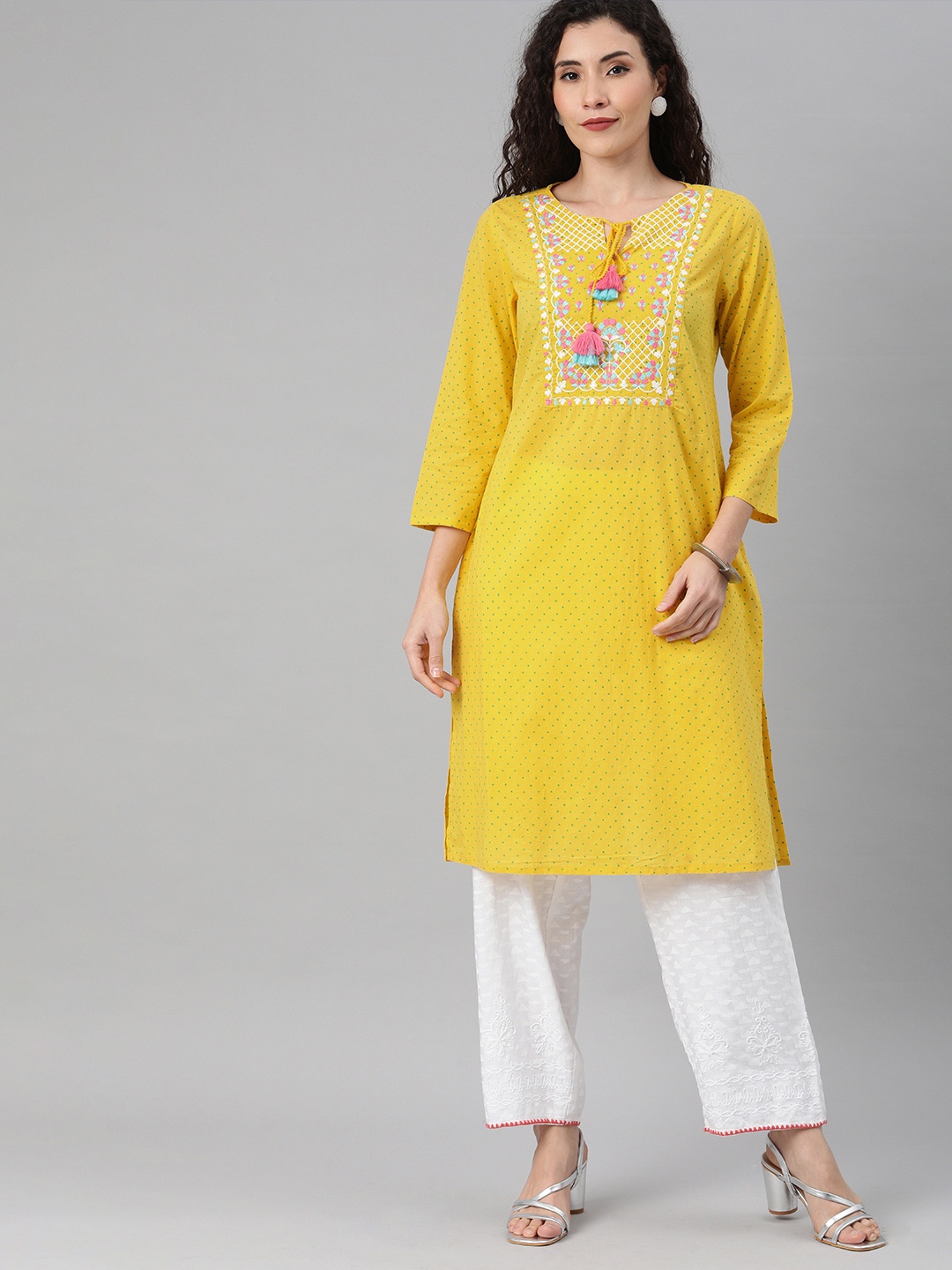 

Global Desi Women Mustard Yellow & Green Polka Dot Print Thread Work Cotton Straight Kurta