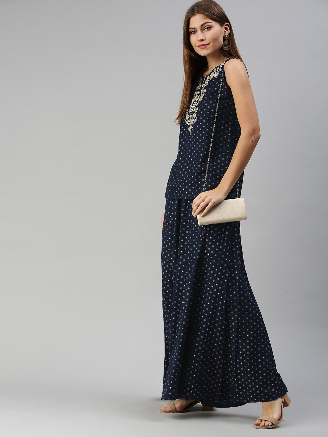 

Global Desi Navy Blue & Golden Printed Two-Piece with Embroidered