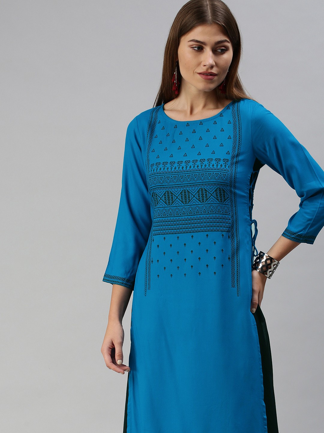 

Global Desi Women Blue & Black Printed Angrakha Kurta