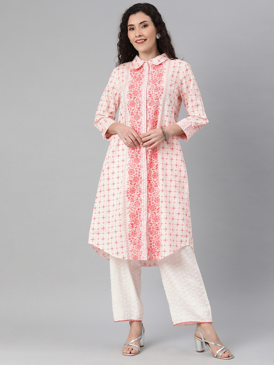 

Global Desi Women Pink & White Ethnic Motifs Print Straight Cotton Kurta