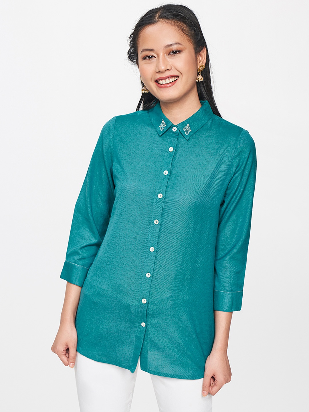 

Global Desi Turquoise Blue Shirt Style Top with Embroidered Detail