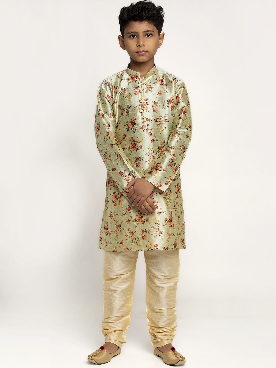 

KRAFT INDIA Boys Sea Green & Gold-Toned Floral Printed Silk Kurta with Churidar