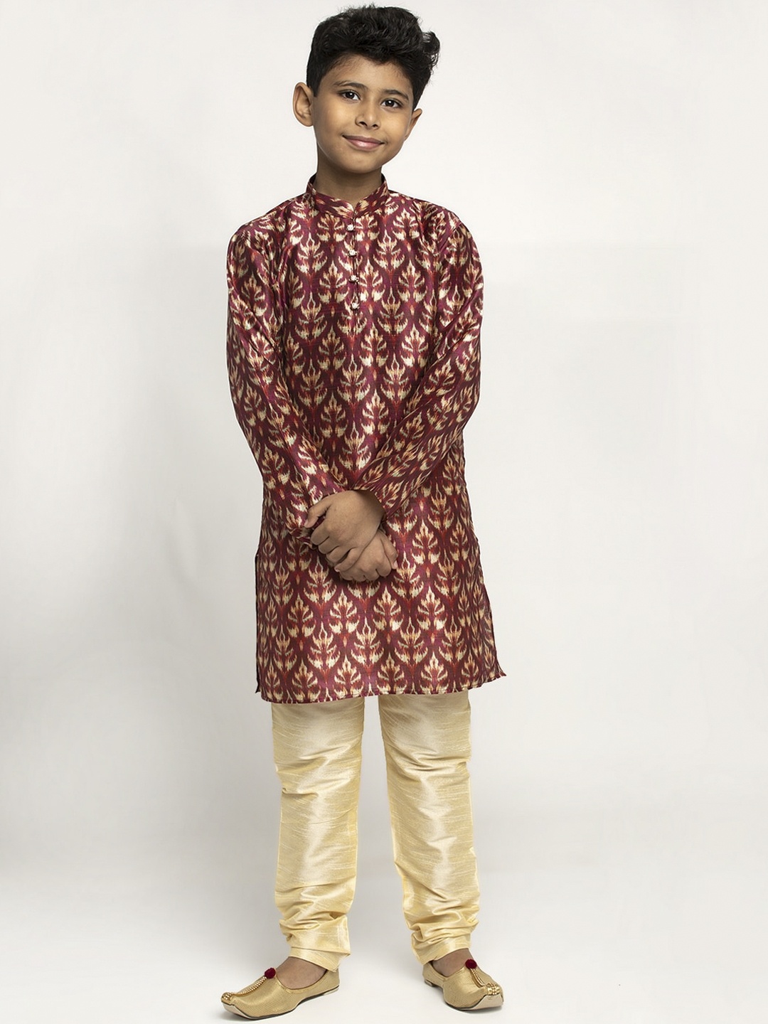 

KRAFT INDIA Boys Maroon & Gold-Toned Printed Silk Kurta with Churidar