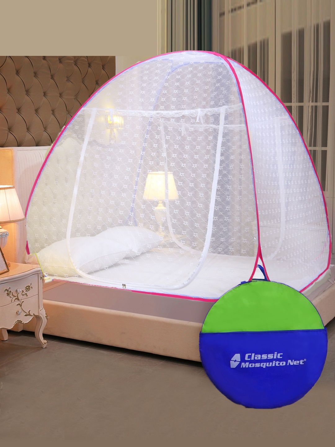 Classic Mosquito Net White & Pink Sheer King Size Double Bed Mosquito Net