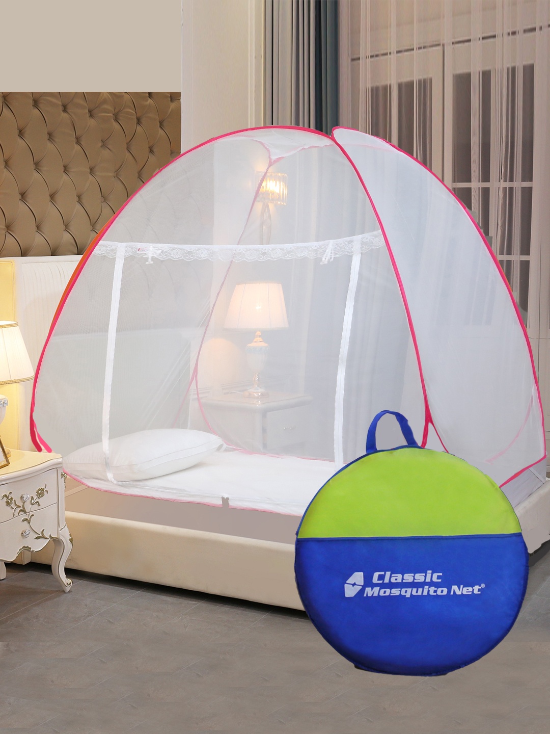 Classic Mosquito Net White & Pink Solid Single Size Mosquito Net With Bag