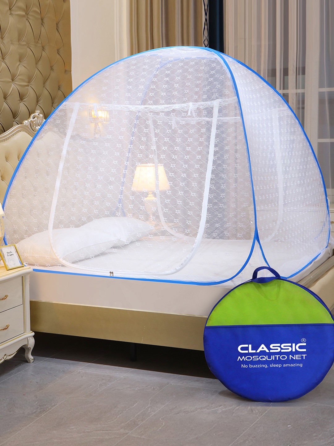 

Classic Mosquito Net Blue & White Self-Design Queen Bed Tent Mosquito Net