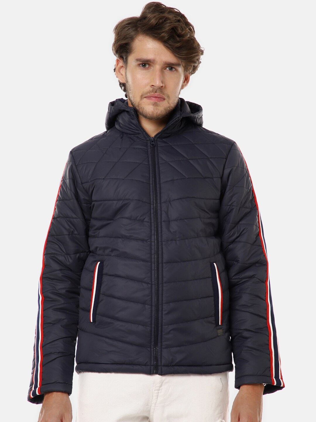 

Campus Sutra Men Navy Blue Windcheater Padded Jacket with Side Stripes