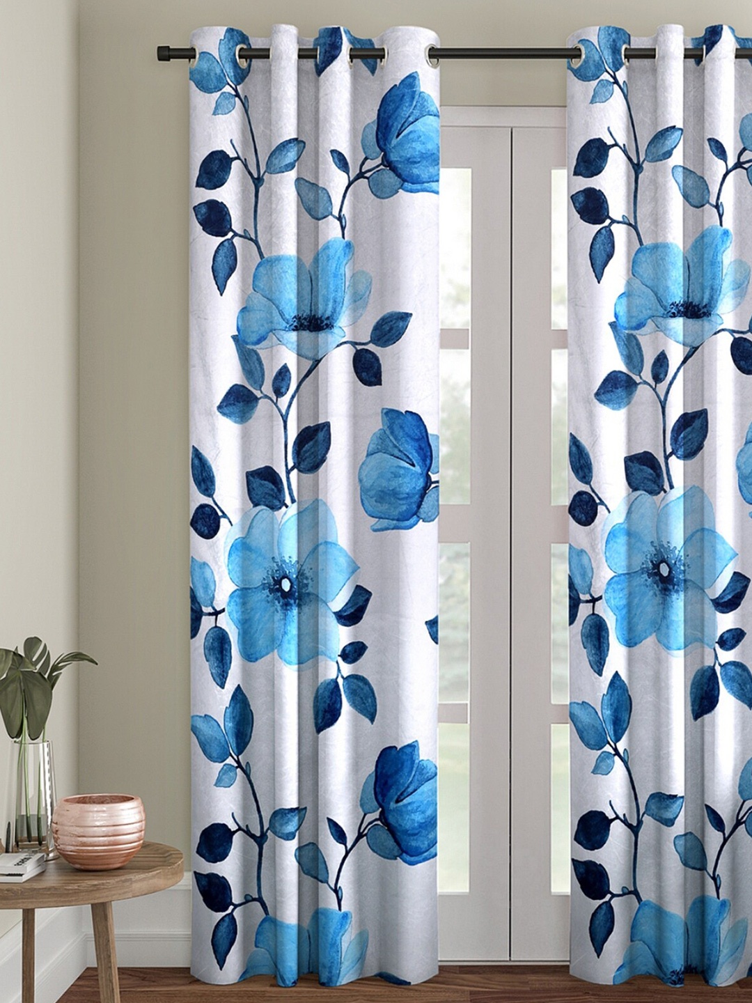 

ROMEE White & Blue Floral Room Darkening Door Curtain