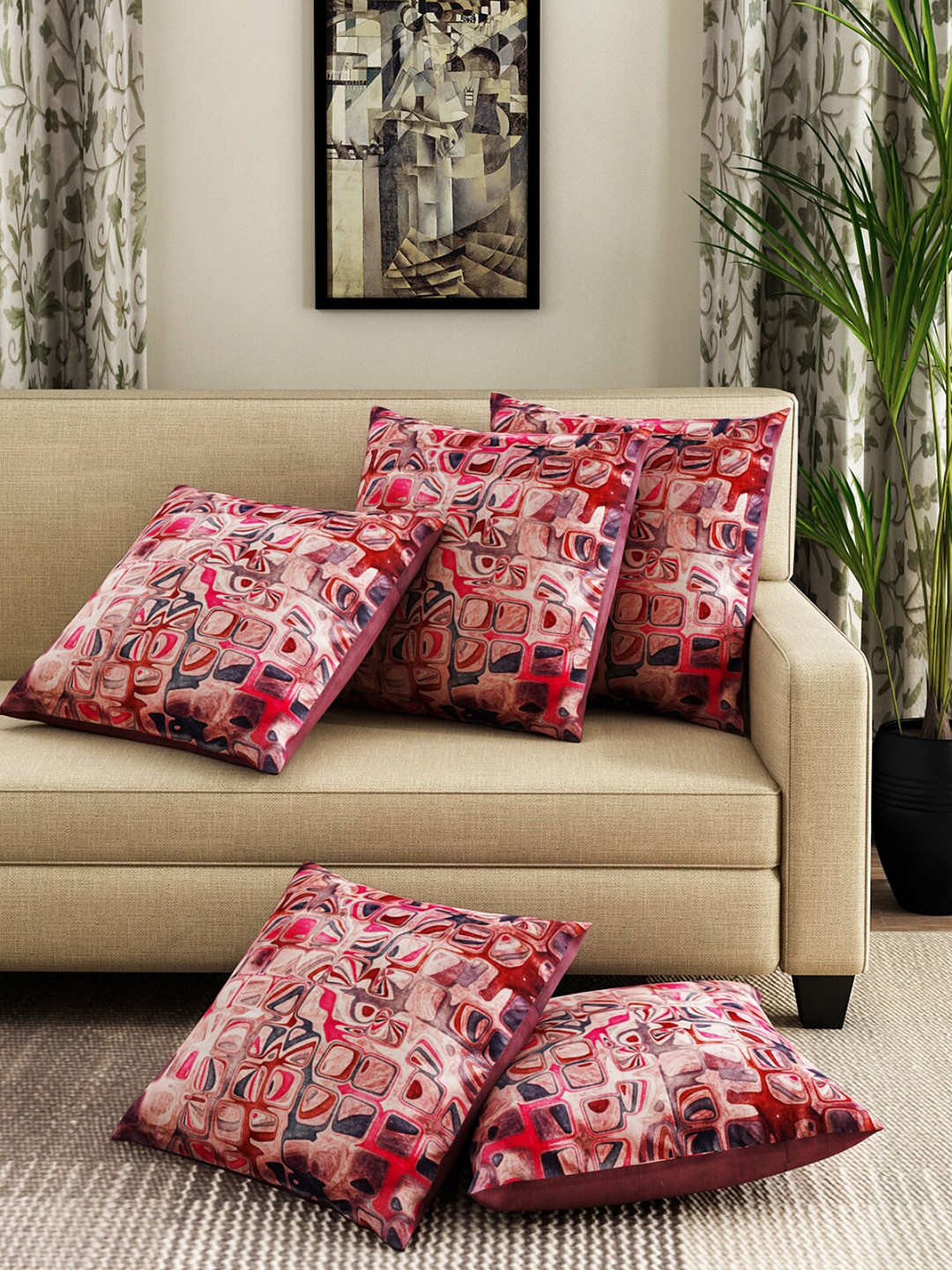 

ROMEE Maroon & Beige Set of 5 Geometric Velvet Square Cushion Covers