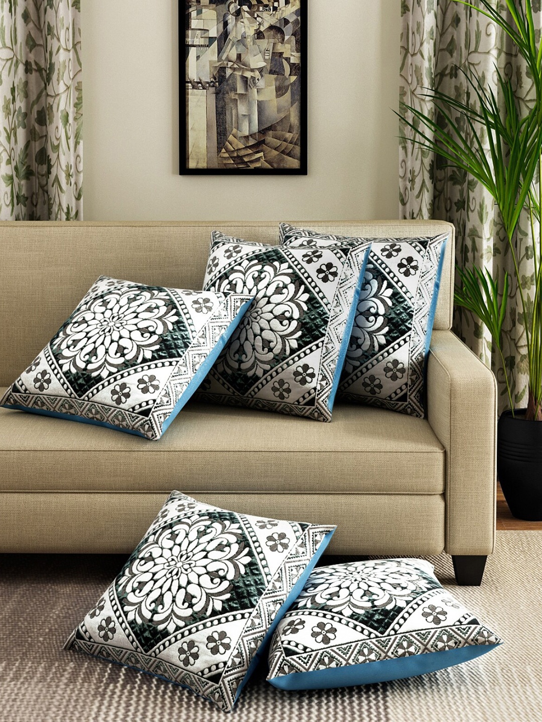 

ROMEE Blue & White Set of 5 Floral Square Cushion Covers
