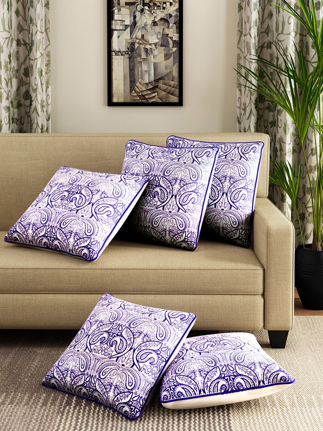 

ROMEE Purple & White Set of 5 Ethnic Motifs Square Cushion Covers