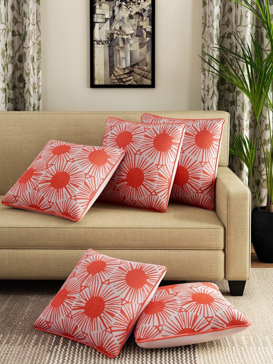 

ROMEE Orange & White Set of 5 Geometric Square Cushion Covers
