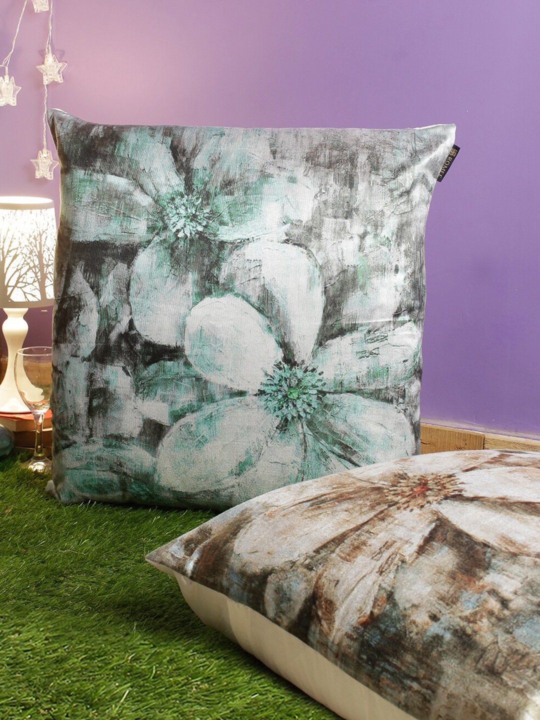 

ROMEE Green & Brown Set of 2 Floral Velvet Square Cushion Covers