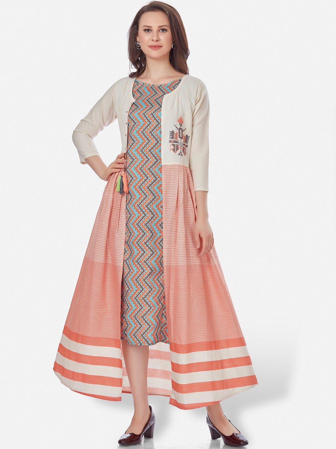 

Kiana Off White Printed Maxi Dress with Attached Shrug