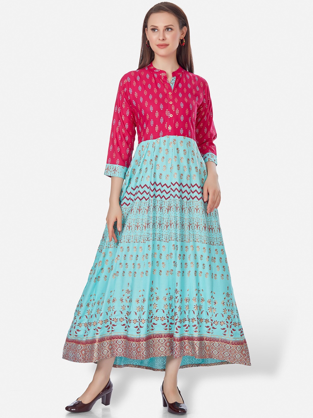 

Kiana Blue & Pink Ethnic Motifs Printed Ethnic Maxi Dress