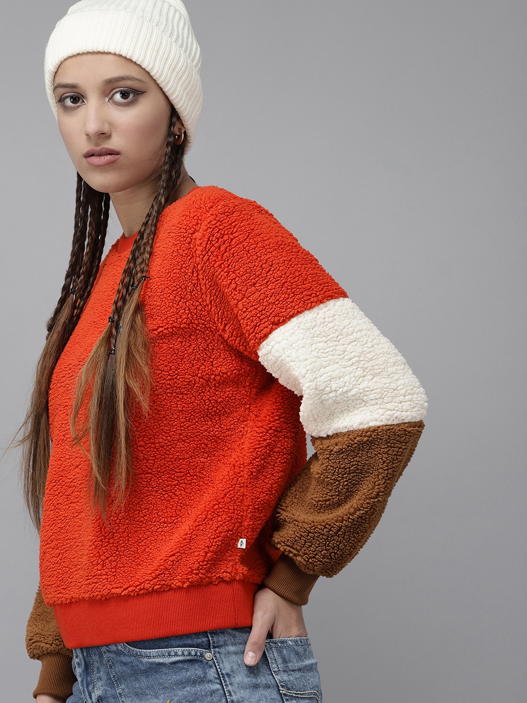 

UTH by Roadster Girls Orange & White Solid Sherpa Sweatshirt