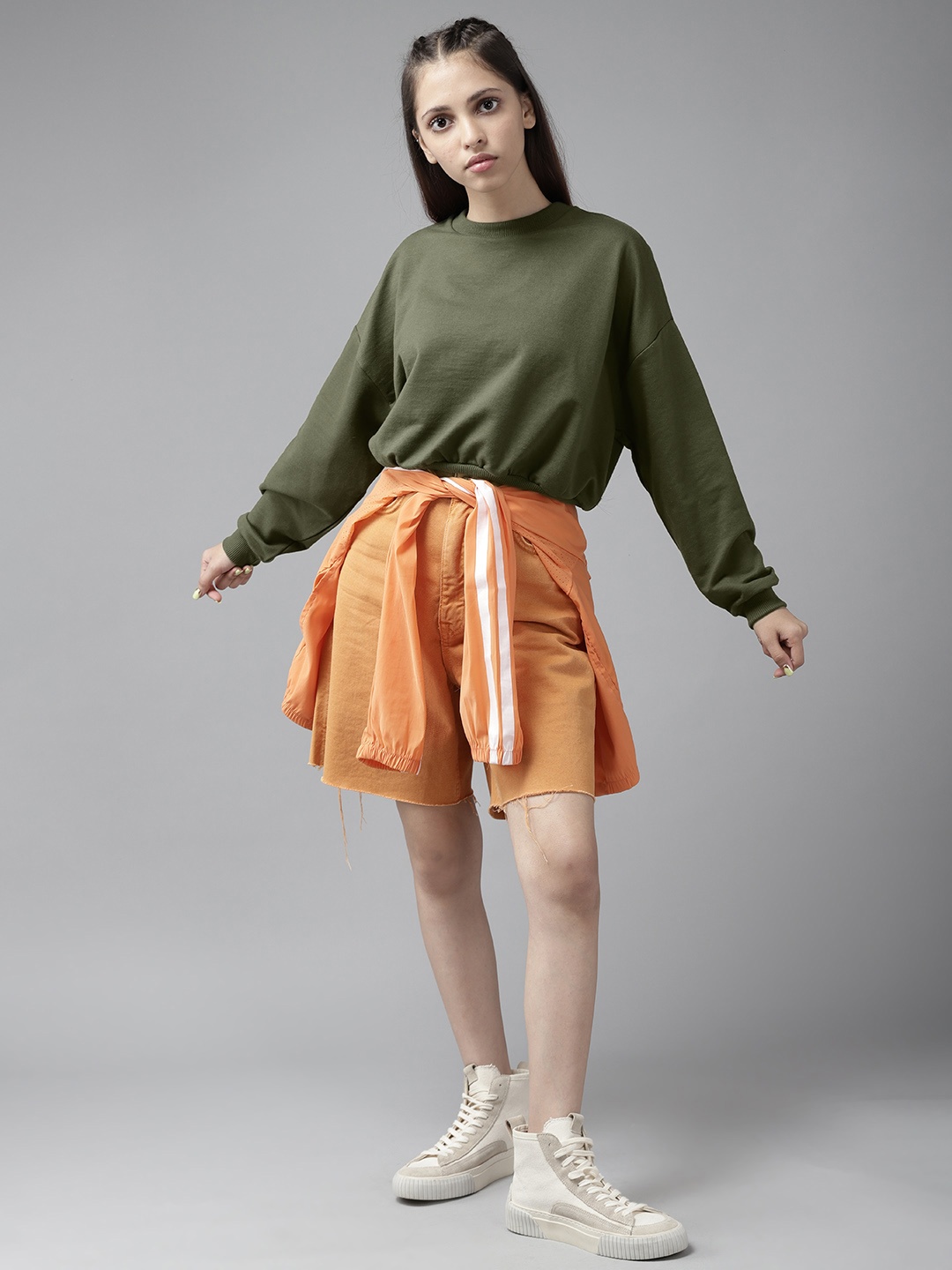 

UTH by Roadster Girls Olive Green Solid Sweatshirt